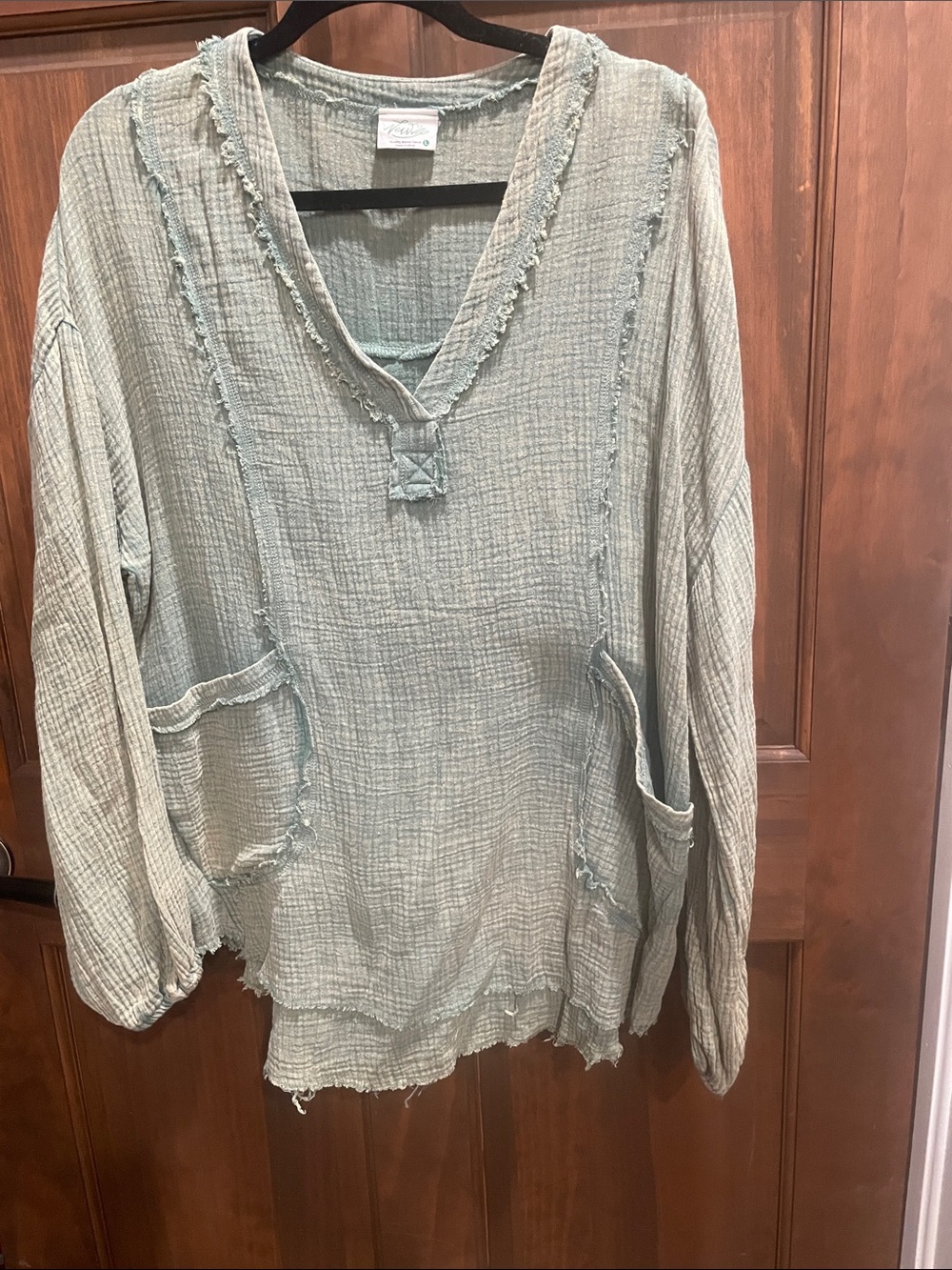 Relaxed Sage Green Gauze V-Neck Tunic Top